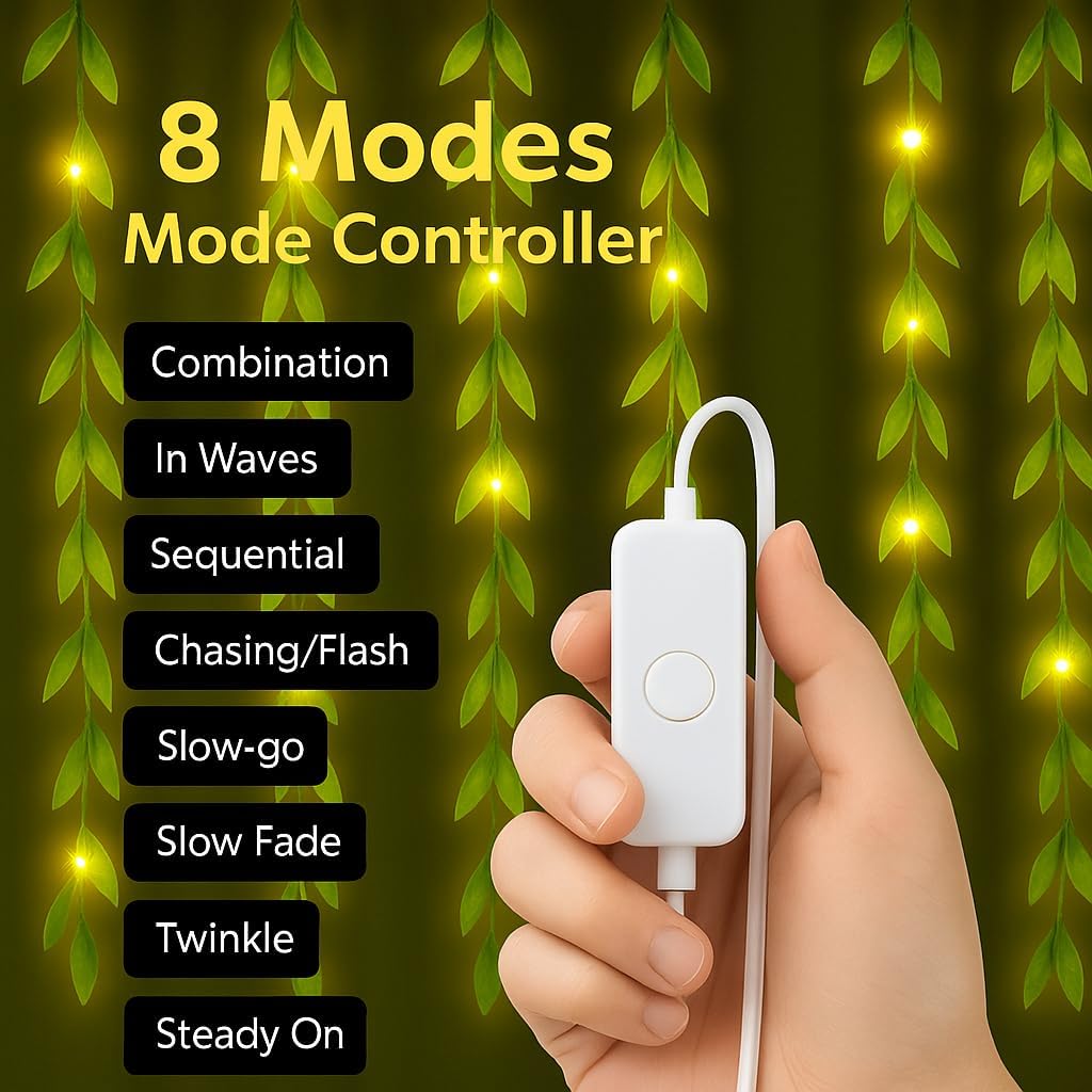 FLYNGO Warm White LED Leaf Curtain – 200 LEDs, 8 Modes, Festive & Home Decor Lights